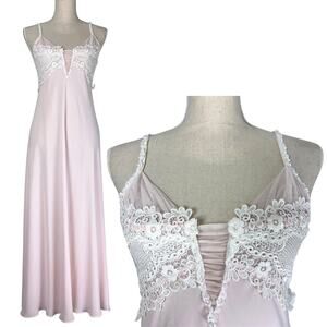 Flora Nikrooz Pink Lace Maxi Nightgown Slip Dress Coquette Bridal Cottagecore